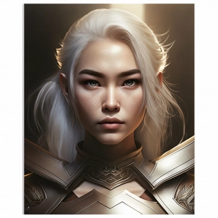 poster of asian girl warrior, detailed gorgeous face, beautiful asian girl, olive skin, medium length white hair, armor, intricate, elegant, Hyperrealism , cinematic lighting, highly detailed, illustration, digital art, digital painting, masterpiece, breathtaking, raytracing