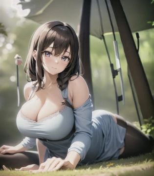 perfect anime illustration, 1girl, camping, woman, very closeup, huge breasts