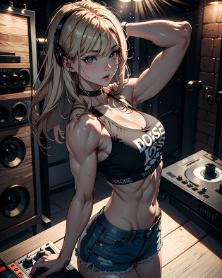 (masterpiece, best quality:1.37), ultra-detailed:1.37, hyper-sharp:1.37, anime style, An illustration of a female bodybuilder with a height of 2m who is DJing while showing off her muscles. The female bodybuilder is 2m tall and has a muscular build. A female bodybuilder wears a tank top and shorts, exposing her muscles. A female bodybuilder is standing in a DJ booth and playing music with turntables and a mixer. A female bodybuilder is playing music while showing off her muscles. Audiences are overwhelmed and go wild with her female bodybuilder muscles. This illustration shows a strong and dynamic representation of a 2m tall female bodybuilder DJing while showing off her muscles. You can clearly see the enthusiastic audience overwhelmed by the muscles of the female bodybuilders.