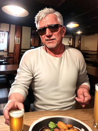 masterpiece, best quality, ultra-detailed, illustration,
murayakuba, izakaya, indoors, lamp, ceiling light, wooden floor, poster (object), 
multiple boys, (older man), silver hair , short cut, (mascular male:1.5), (sunglasses), cowboy hat, laughing, beer mug, beer, salad, food,karaage,
 <lora:Murayakuba:1>