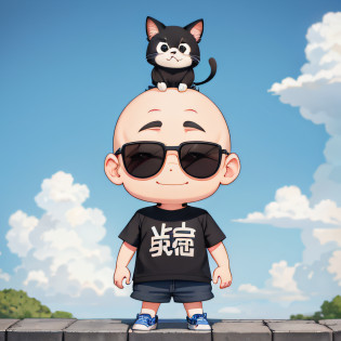 Harvest?Wearing a cap?shoun?stubbles,pinging?Very short?1 persons,bald-headed, ??, (Bald little fat man:1), tchibi, Black eyes, comic strip, Man?white backgrounid, white backgrounid, a sticker, Thick black silhouette,?bald-headed?elementary student?full body Esbian?Blue shorts?short detailed hair?Cool?Wearing sunglasses?Mini?Blue shorts?black t-shirts?There is a cat on the head?Chibi Chara.playing game?bald-headed?Libido boy?with light glowing?photographers?A smile?Take a picture with your phone?short