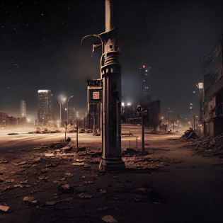 nighttime scene of a city street with a street light and a street sign, post - apocalyptic city streets, dark abandoned city streets, post - apocalyptic wasteland, post apocalyptic atmosphere, post apocalyptic street, post - apocalyptic city, in a post apocalyptic city, city is pure wasteland, in a post-apocalyptic wasteland, apocalyptic city, post apocalyptic city, post apocalyptic wasteland