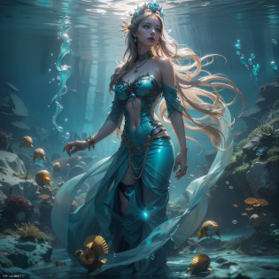 (Numerous award-winning masterpieces, with incredible detail, textures and maximum detail), (God who rules the underwater world: 1.6), (Forgotten Ancient Water Spirit: 1.6), (full-body standing image:1.8), (upper body up:0.3), (best quality real texture skin), (hyper realistic:1.4), (realistic:1.3), (upper body up:0.3), (Many many gold and silver treasures are sunk around: 1.8), (((in water))), (Dim underwater bottom: 1.6), (Bright water bottom during daytime: 1.6), (finely detailed true circle Symmetrical eyes), (beautiful and delicately drawn face), ((medieval world)), (full body display: 1.7), (clear eyes that shine brightly in the eyes), (She has a mischievous smile on her face), (Jewels and gold and silver scattered around: 1.8), (Moss-covered stone statues: 1.8), (Sunken temples, sunken ancient cities, sunken cathedrals, sunken ancient castle ruins), (Throne next to a strongly emitting magic circle: 1.3), (Shining majestic water and light:1.2), (Eyes that glow blue in the dark:1.5), (pair of Ice-blue eyes with strong blue light emitting from within:1.5), (bio luminescence:1.5), (full body view:1.7), (Underwater Treasure: 1.8), (Swirling water stream and tidal current in the background), (Dramatic Light), (A majestic sight), (Her countenance is gentle and beautiful), Glass earrings on the ears, (dramatic photo:1.4), (dramatic pose), (golden hair), (silver hair), (chestnut hair), (full body view:1.7), ((looks up)), ((looking down)), (Around her neck is a simple necklace of exquisite workmanship), (Bio luminescence with a brilliant glow:1.3), (Use flashy Hydro magic:1.2), (beautiful fish in the surroundings), (full body view:1.7), epic realistic, faded, art, (Greg rutkowski:0.8), (teal and orange:0.4), (art station:1.5), cinematic, ((neutral colors)), (hdr:1.5), (muted colors:1.2), hyper detailed, dramatic light, (intricate details:1.1), complex background,