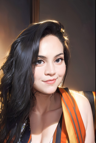 8K wallpaper, there is a woman with long black hair posing for a photo, selfie of a young woman, of N�ndor Katona, headshot profile photo, of Amelia Pel�ez, of Maria Helena Vieira da Silva, inspired by Maria Helena Vieira da Silva, half body headshot, with a flowing smile, ayahausca, no makeup wavy hair, flowers in the hair,  detailed black eyes, flowers
