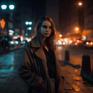 a real photo of a woman in stylish clothes posing for a picture on the street at night --v 5