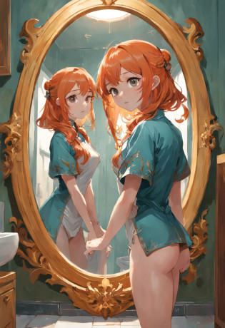Masterpiece?One guy?woman?Bring a watch?In the toilet?Stand in front of the mirror?Hold your hands on the sides of the sink?looking in a mirror?Big perspective?The watch has a large viewing angle?Look up at the characters?Woman looking at herself in front of a mirror?Facial expressions are reflected through the mirror?Character looking in the mirror?Hand on either side of the sink?mohrbacher, by Krenz Cushart, wlop and krenz cushart, peter mohrbacher art style, In the artistic style of Morebach, krenz cushart and artem demura, Peter Mohrbacher