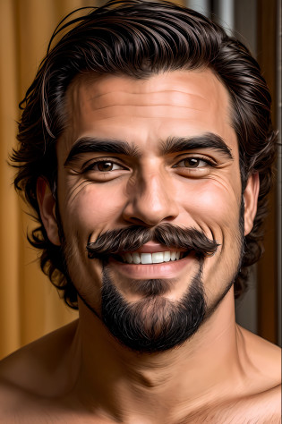 (obra-prima, fotorrealista, ...RAW,:1.4), (extremamente complexo:1.2), Close-up, cinematiclight, ultra high-resolution, ..RAW, parte superior do corpo, retrato frontal de um homem de 50 anos com Bigode extravagante, (((Photo of the head and shows the shoulders))), Ele tem um bigode espesso e cheio de curvas, que se destaca em seu rosto. Pode ser um bigode estilo 
