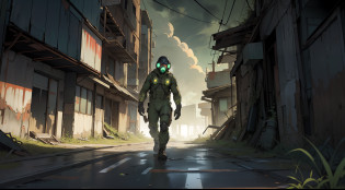 (Ultra detailed), (masterpiece), (best quality), (very detailed CG unit 8k wallpaper), a man in hazmat gas mask suit exploring abandoned city, following the road, polluted, abandoned, (green sky), neglected, dawn, concept art, (small growths of tiny shiny fungi, roots, spores, polluted air), (greenish sky), dark, post-apocalypse, cinematic, highly detailed, stylized wallpaper