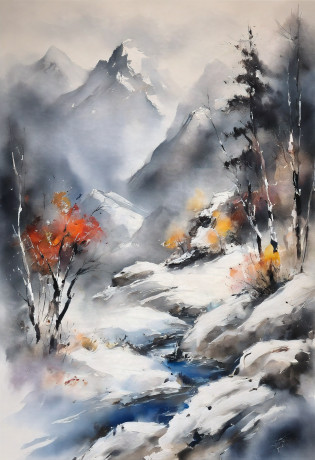 chinese ink brush and watercolor painting?Winters?snow mountains?Mount Everest?First ascent of Mount Everest?crew?Mountaineering teams?the wind?yuki?