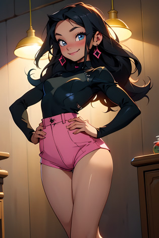 masterpiece, 4k, high quality, beautiful lighting, dynamic lighting, soft detailed skin, black leotard, full black leotard, long sleeve leotard, exposed legs, long black hair, smiling, seductive smile, blush, young, short, very short, loli, child, camel toe, sexy, seductive, beautiful details, highly detailed, shiny skin, thin waist, tiny waist, super short, big young eyes, pink shorts over leotard, tiny thin shorts showing waist with leotard, low waist shorts