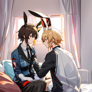 Anime Fufu sitting on bed with stuffed bunny doll, WLOP and Sakimichan in the background, Zerochan art, cat ears, rabbit ears, cat ears man, rabbit ear man, brunette cat ear man, blonde bunny ear man, Nixeu and Sakimichan, by Shitao, ark night fanart, popular on ArtStation Pixiv, from Girls Frontline, Sakimichan and Frank Franzzeta, in Pixiv, Pixiv, high-quality fan art, arknights --auto --s2
