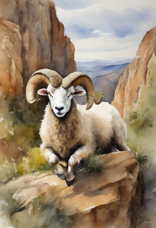 A ram jumps off a steep-walled cliff behind him?This is followed by a flock of sheep jumping down?Close-up of the first ram?The lens is tilted?