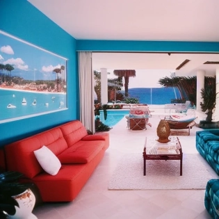 35mm photography of a living room, poolsuite style