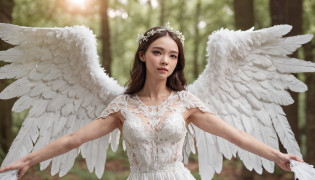 woman in white angel costume posing in forest with outstretched arms, full - body majestic angel, young wan angel, tall female angel, epic angel wings, angel knight girl, white wings, beautiful female angel, super wide angel, of beautiful angel, wide angel shot, wide angel, angel-themed, bladed wings lace wear, angel themed, minimalist, City Pop, Futago, street level view, textured, Cinematic, Collage, pure colors, Hackercore, spectrography lighting, Ultra-realistic, highly detailed, natural lighting, ocean environment, Unity engine, 8k
