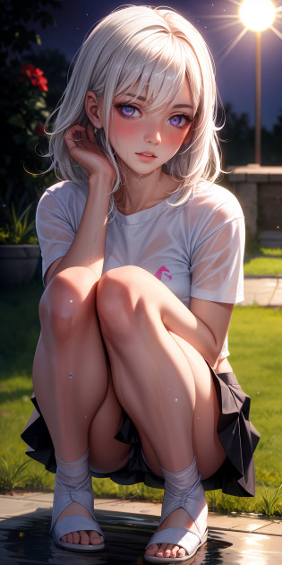 realistic, 1girl, white hair, purple eyes, glowing eyes, crop top, skirt, parted lips, blush, night, flowers, sun, sunlight, masterpiece, squatting, wet, red eye left, blue eye right, odd eye.