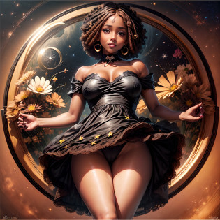 (masterpiece:1), (best quality:1),

A ((black::girl:2)) with transparent cloths in a circle, ((Rounded frame made of flowers)),
(1girls in circle, sexy pose, plussize:2, (((ultra realistic face))), gorgeous smile, small curvy, Gradient rainbow colors hair, looking seductively, beautiful face, beautiful girl totally , sexy, normal breast) in a circle, ((brown::skin:2)), natural smile, naughty smile,

rounded flowers frame circle, (timeless:1.1), (nature:1.25), (cosmos:1.5), white theme, high detailed, fractal background, ((flowers covering the girl legs)), too many flowers,