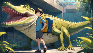 A boy with yellow backpack raised by alligators in high school , na escola , Other children, alligator , childrens , alligator , childrens , Cartoon