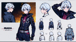 ((obra-prima)),(((melhor qualidade))),(folha de design de personagem, mesmo personagem, frente, lado, costas), 1boy, solo, cabelo cinza curto, olhos azuis, obra-prima, melhor qualidade, olhando ao redor, corpo inteiro, 150cm de altura, detalhado, sorridente, Cyberpunk outfit with futuristic pants, espada azul como acessorio ,charturnbetalora, arte conceitual, arte conceitual do personagem, Character sketch, refer ence sheet, folha de caractere, (fundo simples, fundo branco:  1.3)