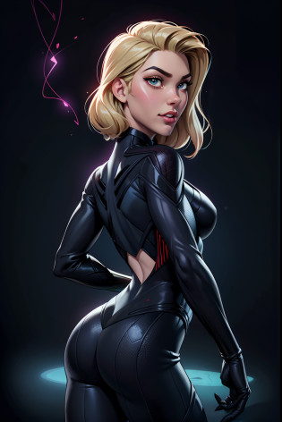 Um desenho animado de uma mulher loira com longo, Loose hair in a black widow suit, (((whole body view))), (((Vista lateral))), (((back vision))), (((SEM OLHAR PARA O OBSERVADOR))), Gwen Stacy, black canary, invisible woman, Retrato de Emma Frost, betty cooper, Emma Geada, personagem de quadrinhos, ((Black Widow)), color digital illustration, ((fundo CLARO E BONITO: 1.2)), (((fundo luminoso))), (((linhas e contorno DEMARCADos))), Commission for High Res,  INSPIRADO EM  j. Scott Campbell, estilo desenho animado, arte linear, clear lighting