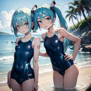 (masterpiece, best quality, 8k wallpaper:1.2 ), ultra detailed, absurdres, highres, long blue-green twintail hair, (hatsune miku:1.3), 9 yo, Elementary school student, short legs, short arms, petit, being stumpy, (bend over forwards deeply from side view), ((1girl)), (flat chest), (standing, in beach side:1.1), (((glossy slippy smooth texture {blue|black} one-piece japanese school swimsuit:1.3))), flat chest, ((merciful motherfood facial expression)), (Proudly showing flat chest:1.3), (looking at viewer), upper body, close up flat chest, too sweaty body, silky skin, beautiful eyes, long hair flowing with the wind, beautiful smile line, flat chest, big blue eyes, shiny hair, beautiful detailed eyes, beautiful detailed skin, beautiful detailed clothes, Bend sideways, hand on hip, head tilt:1.2, troubled eyebrows, framed double breasts, under bust, too wet skin, too wet clothes, glossy skin, glossy clothes, skindentation, skin tight,