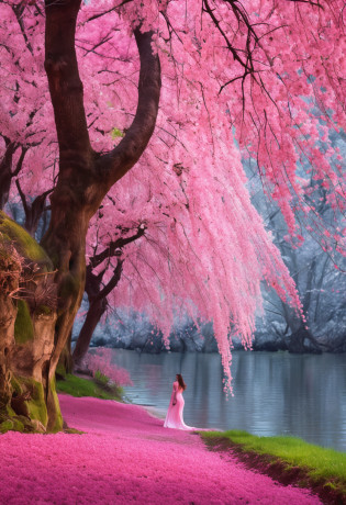 Describe a charming scene of a spring grove with cherry trees in full bloom, painting the scenery with its beautiful pink color. Ao redor do bosque, um extenso campo florido irradia alegria, com uma mistura de rosas brancas, amarelas e azuis, destacando-se no mar de cores vibrantes.

In the heart of the woods, there is a serene lake, circundado por pedras que emolduram suas margens. Uma cascata graciosa desce suavemente pelo lago, creating a pleasant sound of moving water. The crystal clear waters of the lake reflect the blue spring sky and the cherry trees in their splendor.

Exploring this enchanted scenery, Butterflies of varying colors and different sizes dance in the air, adding a dose of magic to the landscape. Its delicate wings capture the sunlight and provide a mesmerizing spectacle of movement and color in the serene environment of the forest.

Use this prompt to guide imaging according to your wishes. The more details you provide to the model, The closer he will be to creating the ideal image of his dream grove. Enjoy the creation of your exuberant and enchanting spring environment!