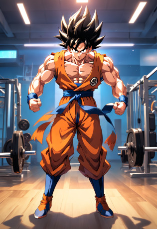 (highres,masterpiece:1.2),goku training at a bodybuilding gym,strong muscular man,impressive muscular physique,strong arms and legs,heavyweights,weightlifting equipment,weight plates and barbells,gym mirrors,exhaustive workout routine,intense sweat and determination,steely focus,goku's iconic spiky hair,goku's fierce expression,athletic energy,goku's orange and blue gi,well-defined muscles,rippling biceps and toned abs,bulging veins in arms,hardcore gym atmosphere,dumbbells and kettlebells,indoor gym lighting,gritty gym floor,wall-mounted pull-up bar,goku's vibrant aura,powerful aura radiating from goku's body,determined stare,unyielding will,dragon ball super styling,colorful and vibrant artwork,strong and dynamic lighting,blurred motion in the background,isolated gym setting,perfectly sculpted physique,glistening sweat on goku's body,muscle definition in every detail,inspiring motivation and perseverance.