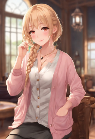 (((Anime))), ((Animated)), (Gal), Medium Hair, (Braid hair:1.3), (Blunt bangs:1.2),Two-tone hair, Blonde hair, (Pink hair), Round face, Red Eyes, (drooping eyes), (((tareme))),Pink lip,Piercing,Necklace,[Black skin], lightsmile, ((((Cute)))), Beautiful, 1 girl, Solo, (Cardigan:1.4), [cleavage cutout],piece sign,Beautiful background,(crass room:1.5),evening,Sunlight,Backlighting,masutepiece,Best Quality,Exquisite,8K,absurderes,superfine illustration,(Looking at Viewer)