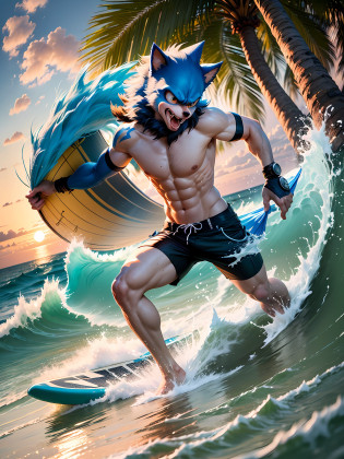 In this realistic image, Sonic is seen surfing on a paradisiacal beach at sunset while holding a colorful drink. The warm and soft tones emitted by the setting sun beautifully illuminate the scene, casting precise shadows and reflections. The beach features textured sand, with coconut trees lining the shore and gentle waves breaking in the distance. Sonic, with his vibrant blue fur, displays an animated expression as he catches the waves, conveying a thrilling sense of speed. The drink in his hand is realistically depicted, with textures and materials that capture its visual appeal. Additionally, a slice of pineapple and a colorful cocktail umbrella add delightful details to the composition. --auto --s2