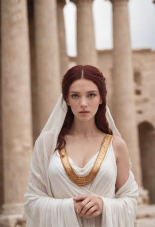 Greek goddess of hearth and fire, with ((dark red hair)) and ((dark red eyes)), is fair-skinned, wears a long white greek toga and a white veil, looks mysterious and beautiful, inside of an ancient greek temple, 