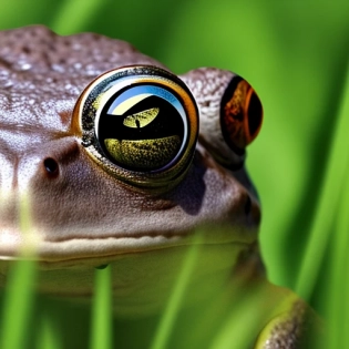 frog, green, a bit of reality, on a green meadow, with big round clear eyes, in sunny weather, 4K, 3D, catches mosquitoes overhead with tongue, in a straw hat, 35mm