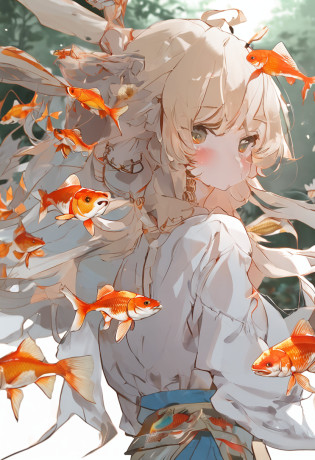 (((Goldfish)))?(Flying Goldfish:1.3)?1 girl?upperbody closeup?Lateral face?Wearing a Tang costume?Super fine face, Delicate eyes, Double eyelids, Smile?Fantastic scenes?Many-Layer Textures?Albedo e mapas Speculares?Irridescent color?Rich evolution?vivd colour?largeaperture?Low ISO?White balance?Glows in high detail, white backgrounid, studio lit, C4D, OC renderer, Clean shadows, 4K