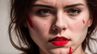 RAW photo, shot from film, cinematic, a closeup shot of a female murderer face, facial expression, fear, holding a knife, covered with blood, frame from a quentin tarantino movie, (high detailed skin:1. 2), 8k uhd, dslr, soft lighting, high quality, film grain, Fujifilm XT3, <lora:epiNoiseoffset_v2:1>