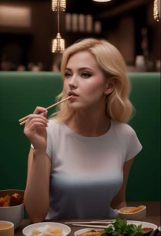 Blonde woman eating a meal in a restaurant with chopsticks in her mouth, Yelena Belova, Irina Nordsol Kuzmina, Anastasia Ovchinnikova, julia gorokhova, Estilo de Julia Razumova, Viktoria Gavrilenko, Anna Nikonova aka Newmilky, Olga Buzova, namorada russa, Alina Ivanchenko, fotografia realista, fotografia, obra-prima, realista, Realismo, renderizado, Alto contraste, Arte Digital, fotogr�ficorealista, trend in Artstation 8k HD, high definiton, circunstanciado, Realistic, detalhada, textura da pele, hiperdetalhada, Textura realista da pele, melhor qualidade, ultra high-resolution, (fotografia realista: 1.4), alta resolu��o, detalhada, fotografia crua, Crisp resolution, Nikon d850 filme, fotografia de stock 4, Kodak Portra 400 Camera F1 Lens.6, textura hiper realista, lighting dramatic, Unrealistic trend in Artstation Cinestill 800, RAW.