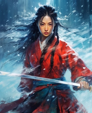 a painting of Nak-Su, the beautiful Korean female assassin from Alchemy of Souls, Go Yoon Jung, holding a sword in an ocean covered by ice, black and red traditional hanbok, in the style of dark sky-blue and red, movie still, k-drama, chinapunk, lit kid, metafictional, snow scenes, technological fusion --ar 25:31 --quality 2 --s 750 --v 5. 1