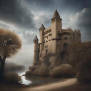 Crea un hiperrealista, High-resolution image of a soft earth elemental lurking in the castle of Almod�var del R�o (C�rdoba, Spain) (((flotando en el aire, sobre las nubes))) . The style should be reminiscent of classic fairytale illustrations with deep blues and blacks with contrasting moonlight........ Use a standard lens to capture the image, estilo de Brian Mashburn --estilo raw
