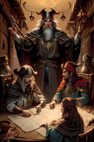 uma pintura de um grupo de pessoas sentadas ao redor de uma mesa, lawther sit at table playing dnd, arte do jogo de RPG, piratas em uma taverna, Inkarnate, arte da capa do jogo de tabuleiro, Do Pathfinder, high quality dnd illustration, d & d character reveal, dungeons and dragons portrait, Dungeons and Dragons, Jogo de RPG de mesa, dungeons and dragons art
