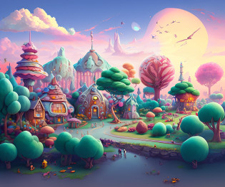 A painting of a fantasy village with many trees and houses, Fantasy City, whimsical fantasy landscape art, Arte de juego estilizado, Arte de fondo, Ilustraciones de fondo, A bustling magical town, Arte conceptual estilizado, fantasy matte painting?Lindo, en una casa estilo tierra de caramelos, Arte conceptual colorido, Bosque de dulces, Antecedentes de la ciudad, fantasy town setting, Antecedentes del juego
