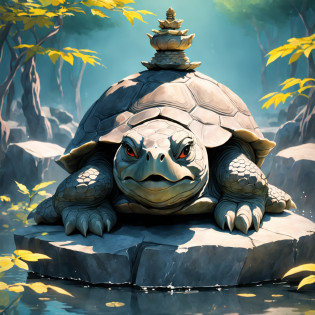 Turtle head granite statue?Xuanwu in Chinese mythology??The statue is made of gray granite, The statue is imposing?Below is the pond?Lots of lotus leaves?lotuses