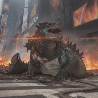 one godzilla portrait close up of fire, a destroyed car on mouth, manhathan street perspective, times square apocalyptic fire, jeans and t shirt on the pavement, photorealistic, epic, dramatic lighting testp ar 2:3 --upbeta