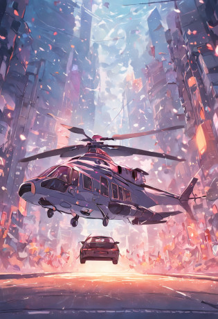 A car pulls a helicopter?The car is on the road?Helicopters in the sky?Make it into illustration form?