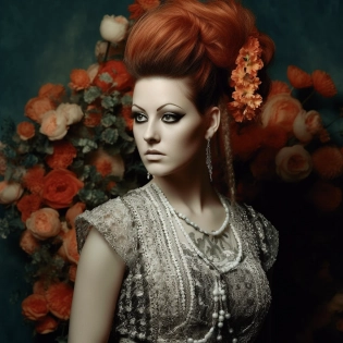 beautiful woman from 1985, portrait, cinematic lighting, ((no text)), 1985 hairstyle, 1980's make up , standing in a garden bursting with flowers, amazing, stunning, intricate, elegant, highly detailed, Paulina G�ra, Rachel Ruysch