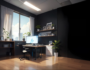 Fine Line Art?Anime of the 2020s?Illustrator?Engineers?Screenshot?High-performance PCs?Multiple high-performance monitors used by engineers? PC Screen Code for Engineer?a desk??houseplant?Fashionable?moderno?simple?High quality wheeled business chair???Modern ceiling lighting white ceiling?Clean room?wood floor