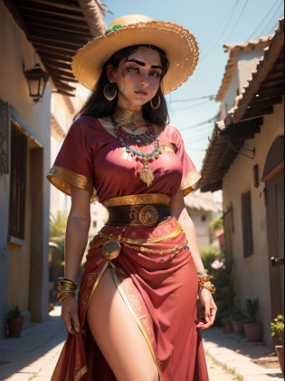 ((Masterpiece - Illustrations - Detailed - Best Quality)) - classic 50s Style - Alexander Gunin Style - insanely beautiful Mexican Woman - Aztec - Long Waiver Black Hair - Dark Brown Skin - pristine hazel eyes - Absolute Stunning Look - Traditional Wear Mexican clothing - pink Mexican skirt - sash at waist and abdomen - closed huaraches - gold bracelets, earrings and necklaces - imposing presence - flower petals in the environment - happy attitude - small Mexican village as the background.