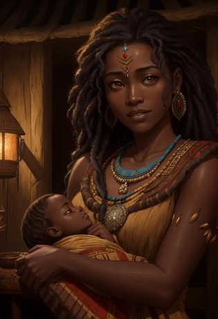 ((best quality)), ((masterpiece)), ((ultra realistic)), ((dark fantasy style)), beautiful intricately detailed soft oil painting by jim lee, a tired but happy african tribal mother cradling her newborn baby, dimly lit mud hut interior, (tribal dress:1. 3), intimate, soft facial features, tribal, highly detailed, professional, 8k, uhd, soft volumetric lighting, depth of field, film grain, smooth, roughness, real life, soft warm vibrant color palette, (Viola Davis| Kerry Washington| Beyonc:0. 5)
