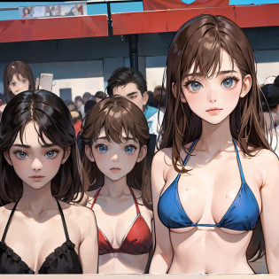 {{Teenage female, caucasian, hundreds of girls, thousands of girls, multiple girls, many girls, only girls, crowd shot, girls are friends}}, looking at viewer, hazel eyes, extremely detailed, brown hair, blonde hair, red hair, black hair, {{blue bikinis, matching bikinis, identical bikinis, same color bikinis}}, pool, pool party, crowd of girls, girls partying, happy, best quality, high quality, extremely detailed anime screencap