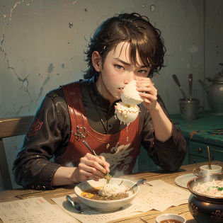 Boy eating a bowl of food with a spoon in a red cup, mukbang, kid, eating ice - cream, Eating noodles, Eating ice cream, frosting on head and shoulders, yanjun cheng, eating ramen noodles, messy eater, 2 years old, inspired by Tooth Wu, Gamine, Eating, kiddy big breasts, delicacy, author?Master of Han Chinese, yihao ren --auto