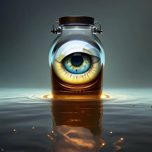 human eye in a glass jar floating in liquid by greg rutkowski, intricate details, 8k uhd, photorealistic, redshift render.