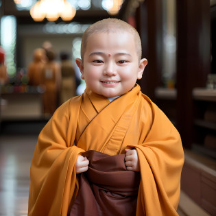 Alid, a baby in a monk's robe, smiled and held a piece of cloth, wearing brown robes, monk clothes, buddhist monk, little boy wearing nun outfit, wearing a long flowing robe, Buddhist, portrait of monk, dressed in simple robes, monk, ancient japanese monk, 2 1 st century monk, Monk's robe, wearing brown jedi robes, brown robe, Toddler face?bald-headed?