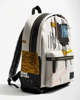 photography of an urban backpack, product design by Jean-Michel Basquiat, on a white background, octane, 4K, intricate and detailed texture --ar 4:5 --q 2