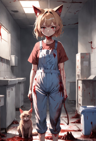 dirty scene of female serial killer catgirl with two cat ears in brightly-lit warehouse in realistic style, close portrait shot of feminine neglected senior woman with cat ears in a bloodied blood-covered poop-smeared poop-stained white shirt standing in a well-lit room, working clothes, work clothes, her clothes are torn and dirty, wearing dirty overalls, grease-stained work clothes, (dirty), poop-smears, rust stains, working woman mechanic, stained coveralls, portrait shot torso and up, bodily neglect, homeless filth, eye-level shot, in the rusty and bloody style of the playstation 2 video game silent hill 3, scary dirty, hard work, greasy hands, soot, sooty, silent hill aesthetic, resident evil aesthetic, (brightly lit garage), unclean, bodily neglect, murder scene, serial killer, bathed in blood, blood blood blood blood blood, realistic poop-smeared, soaked in blood, clothes covered in poop, catgirl from the playstation 3 silent hill,